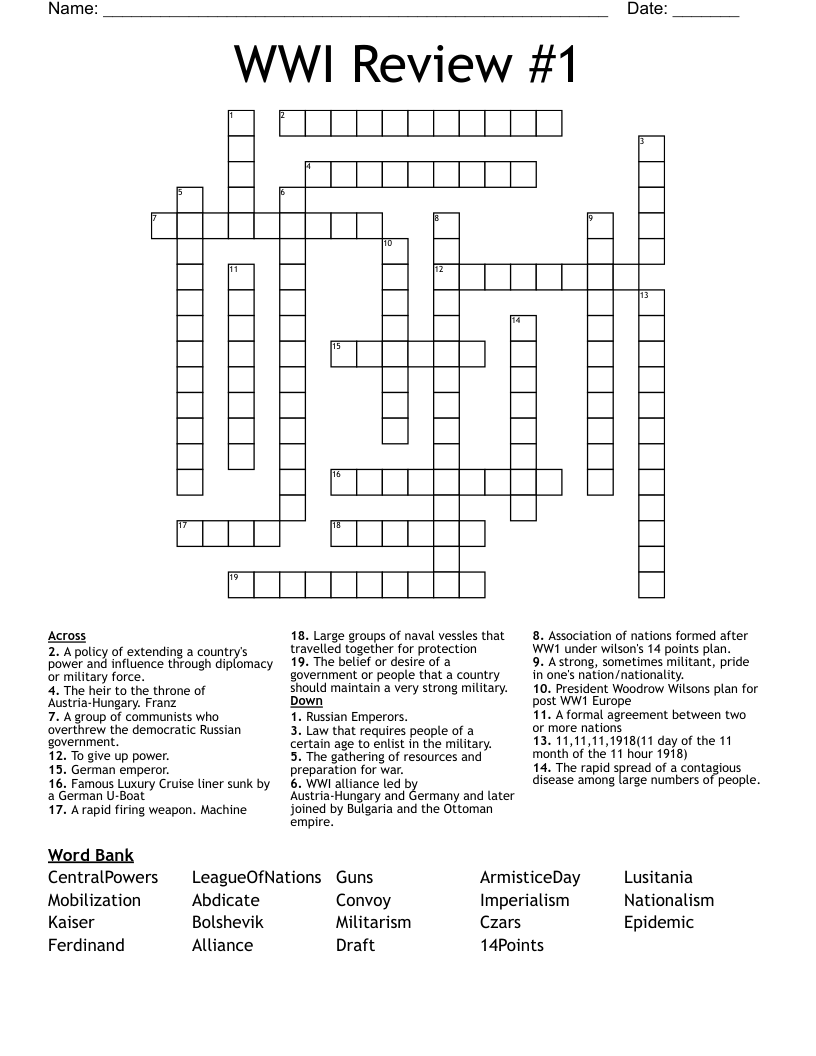 WWI Review #1 Crossword