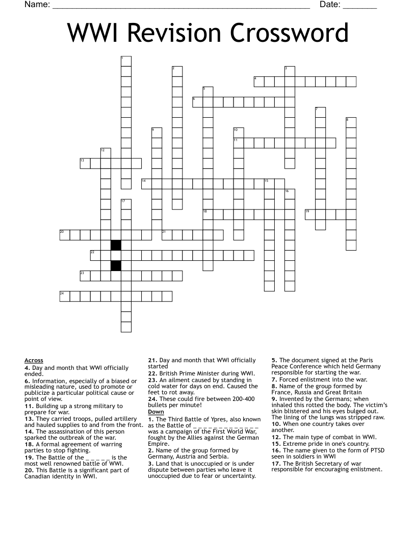 WWI Revision Crossword