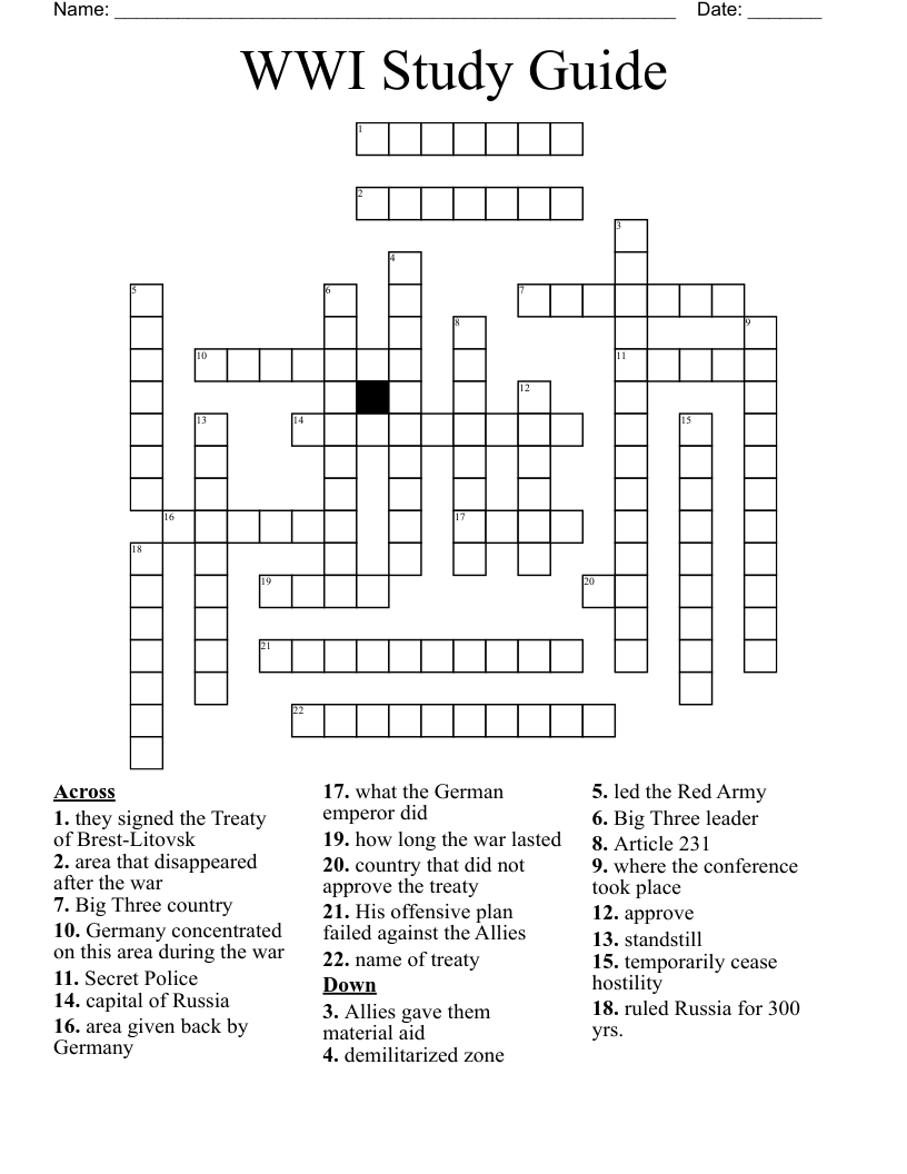 WWI Study Guide Crossword