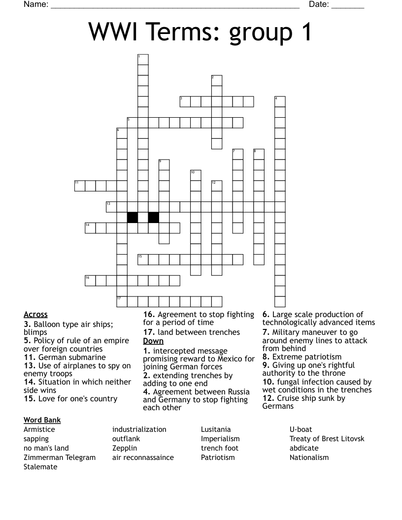 WWI Terms: group 1 Crossword