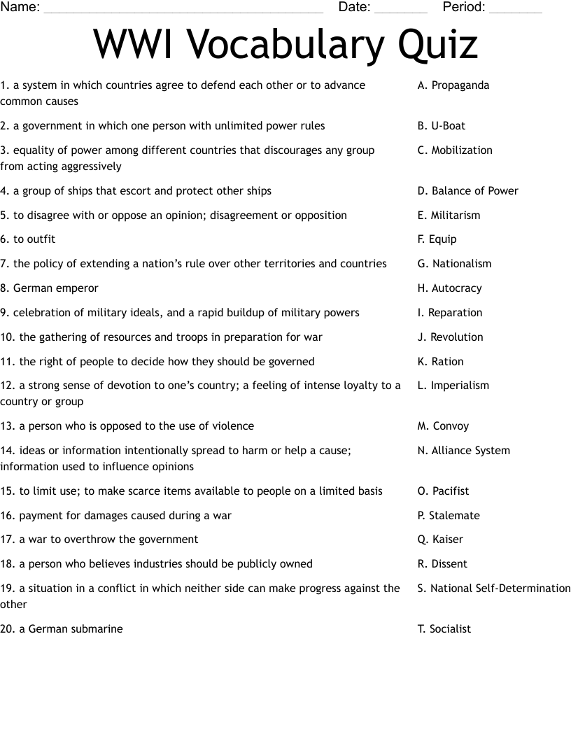 WWI Vocabulary Quiz Worksheet