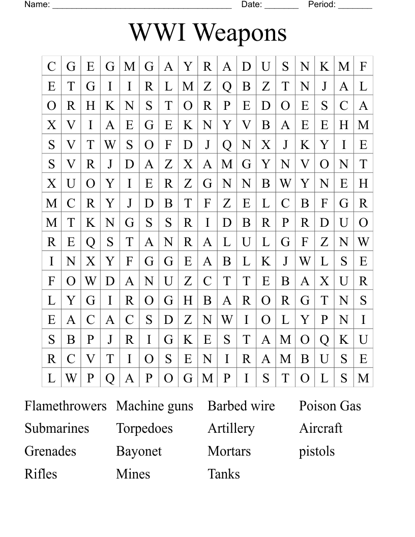WWI Weapons Word Search