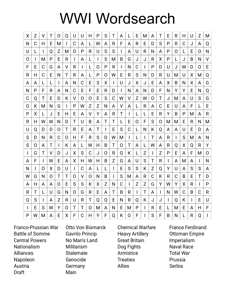 WWI Wordsearch
