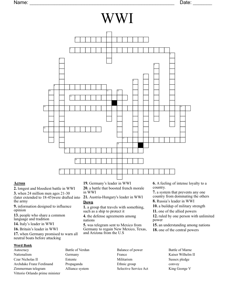 WWI  Crossword
