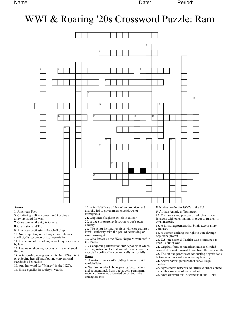 WWI & Roaring '20s Crossword Puzzle: Ram