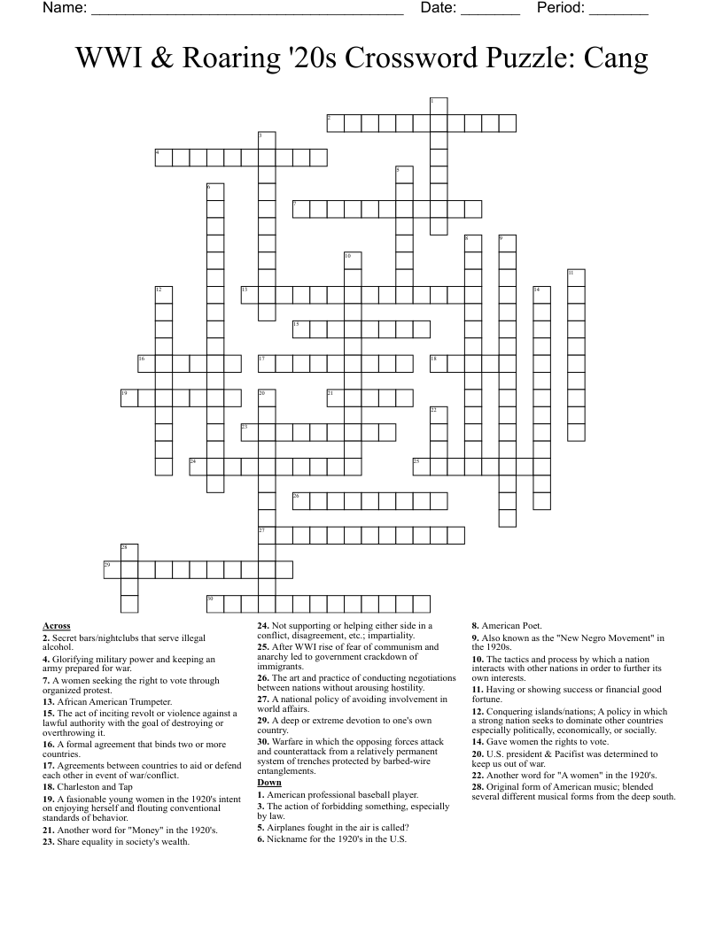 WWI & Roaring '20s Crossword Puzzle: Cang