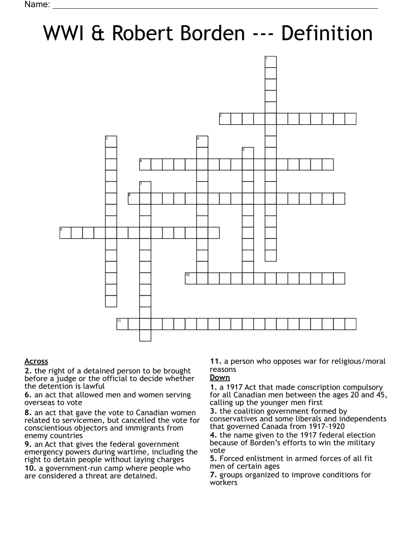 WWI & Robert Borden --- Definition Crossword
