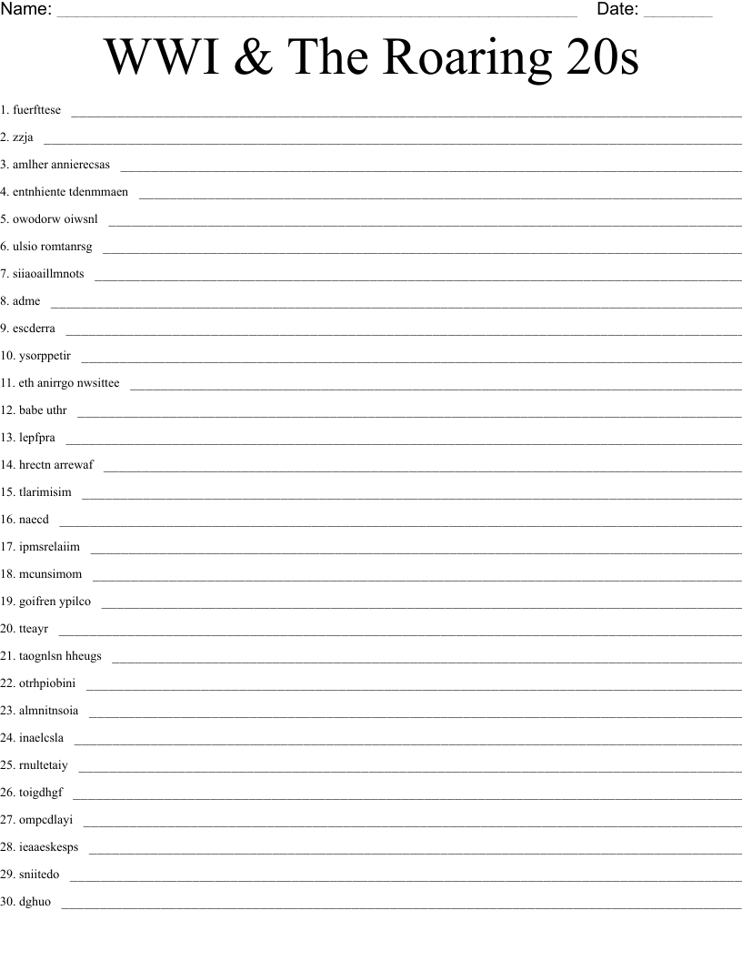 WWI & The Roaring 20s Word Scramble
