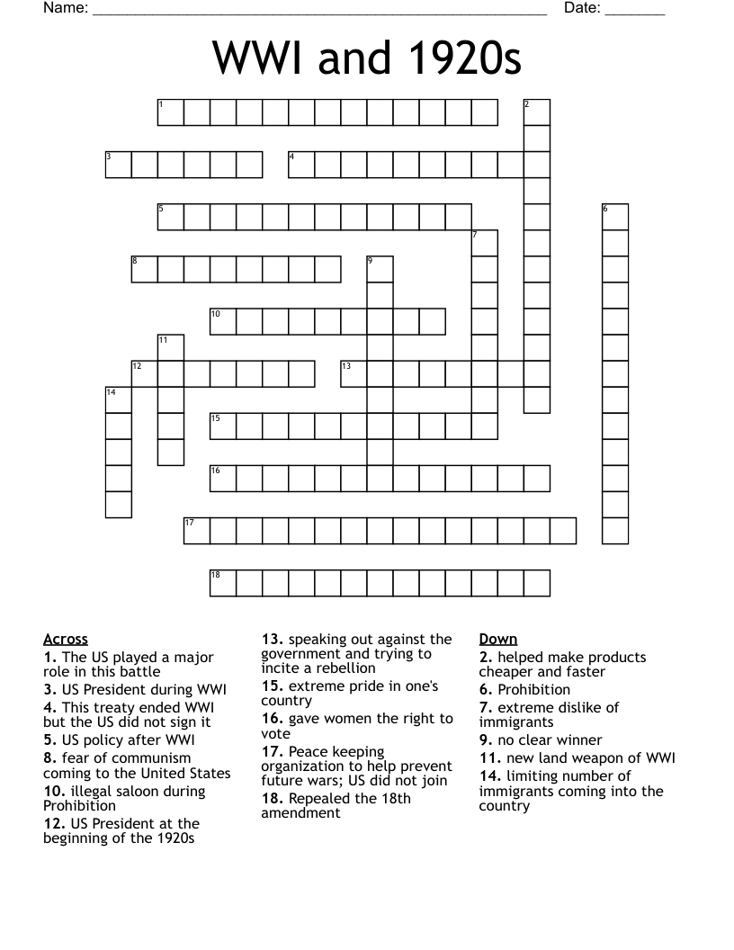 WWI and 1920s Crossword