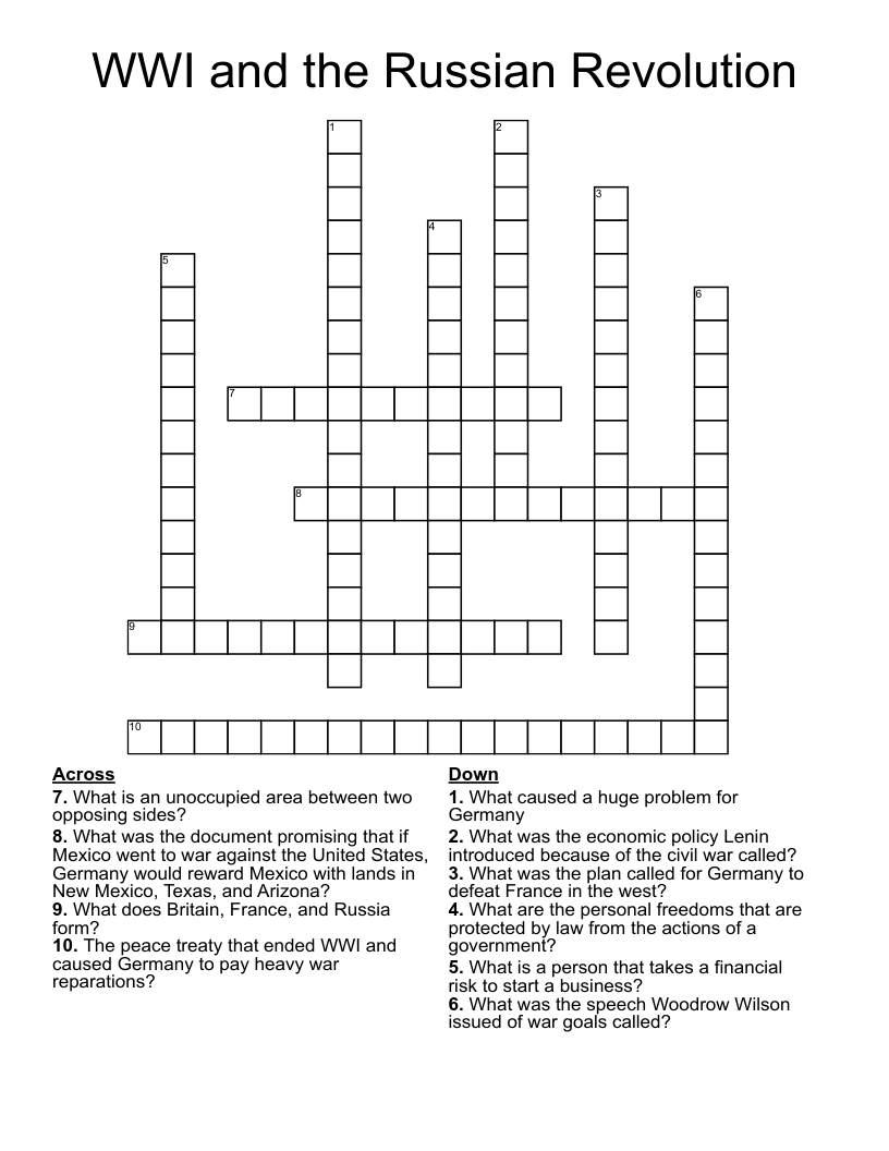 WWI and the Russian Revolution Crossword