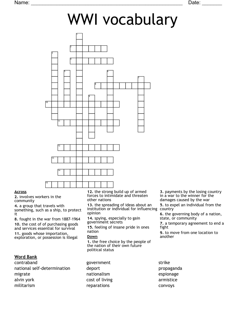 WWI vocabulary Crossword