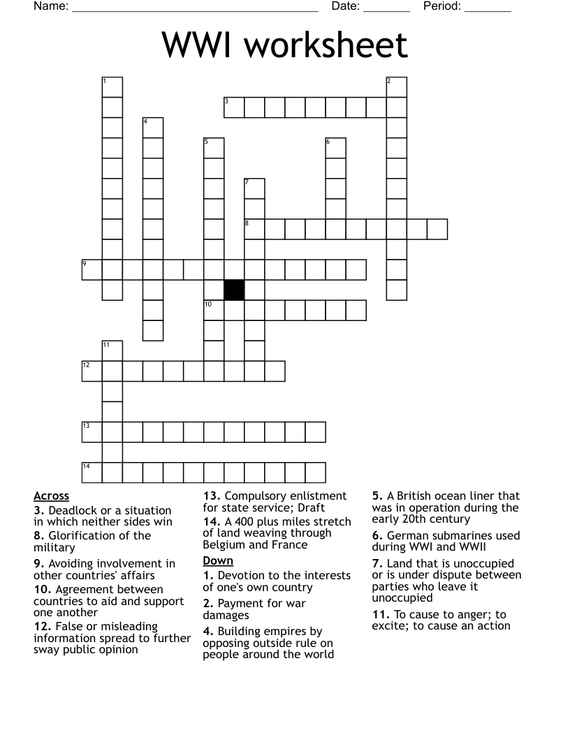 WWI worksheet Crossword