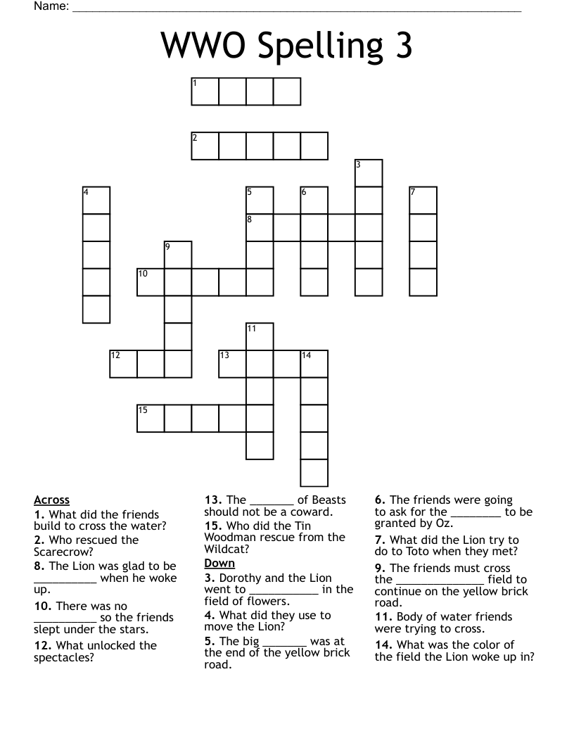 WWO Spelling 3 Crossword