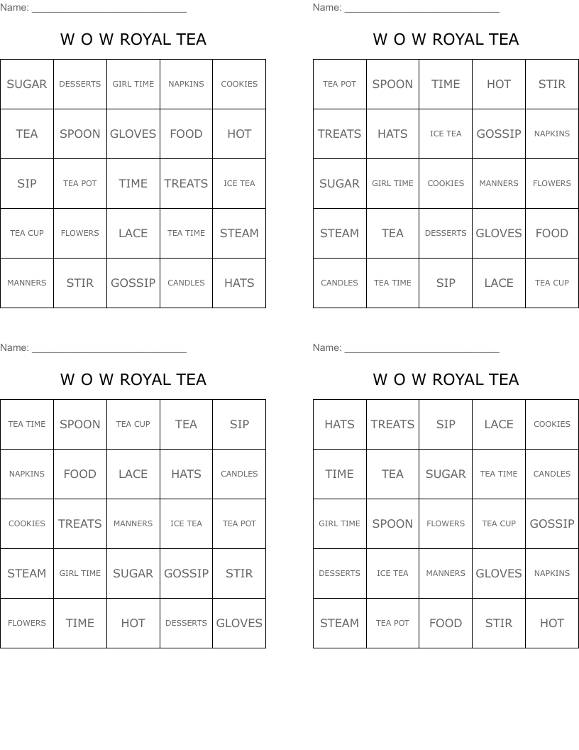 W O W ROYAL TEA Bingo Cards