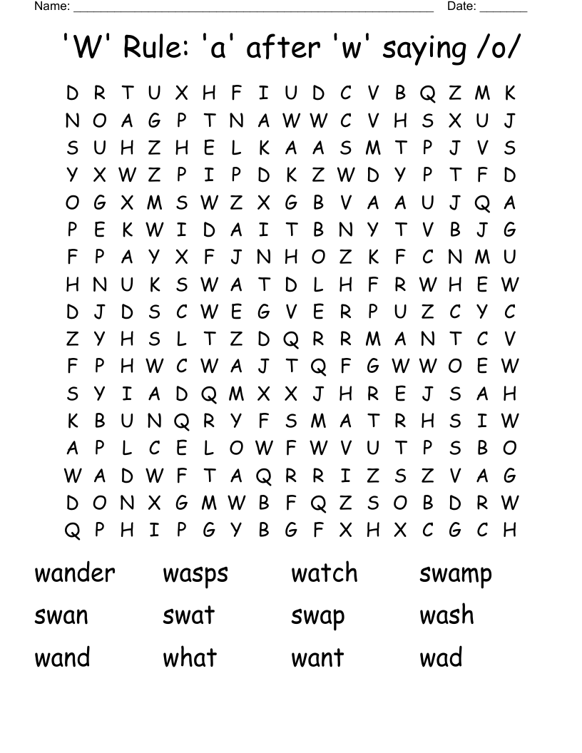 'W' Rule: 'a' after 'w' saying /o/ Word Search