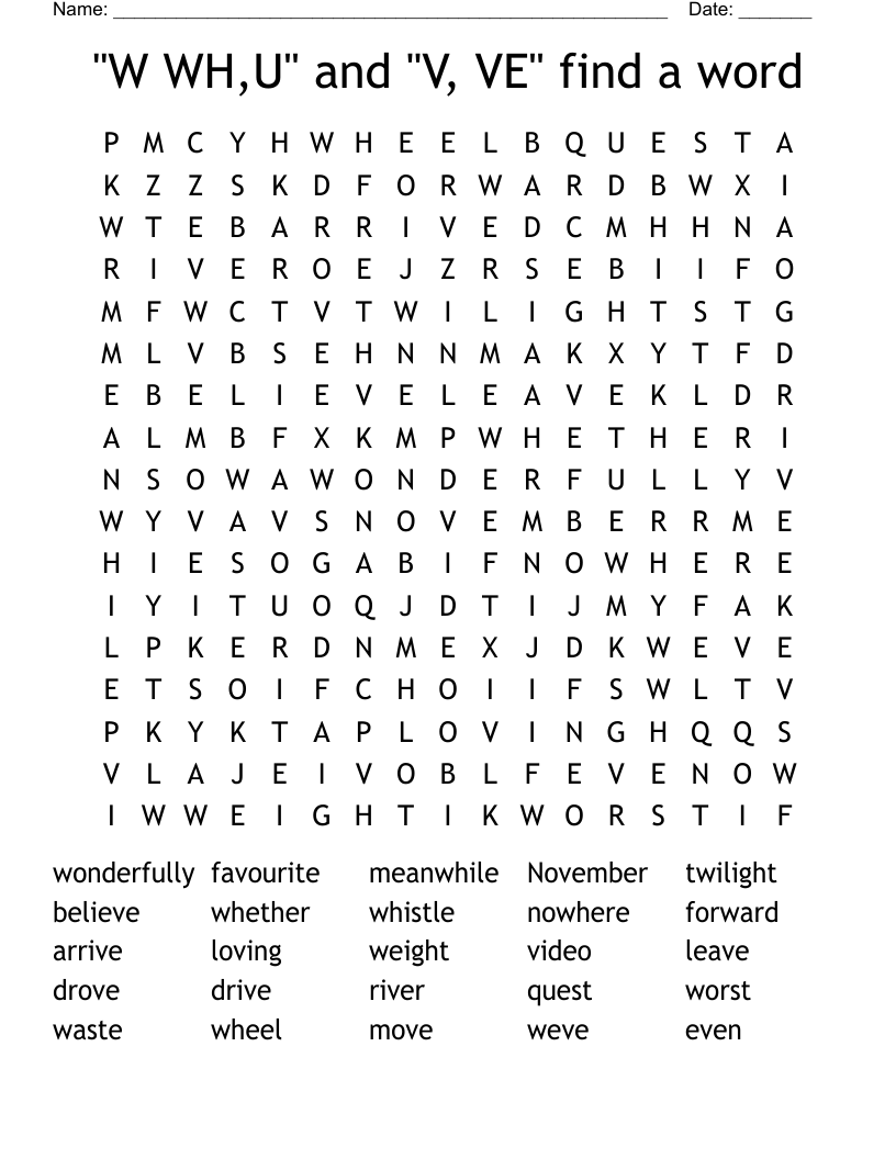 "W WH,U" and "V, VE" find a word Word Search