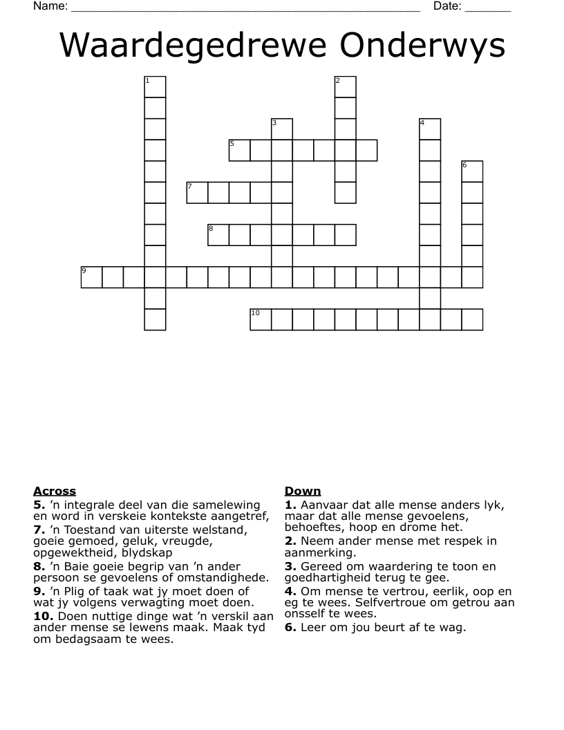 Waardegedrewe Onderwys Crossword