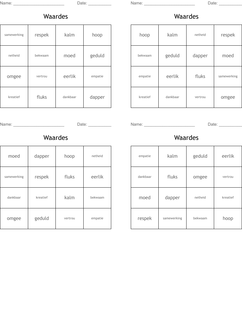 Waardes Bingo Cards