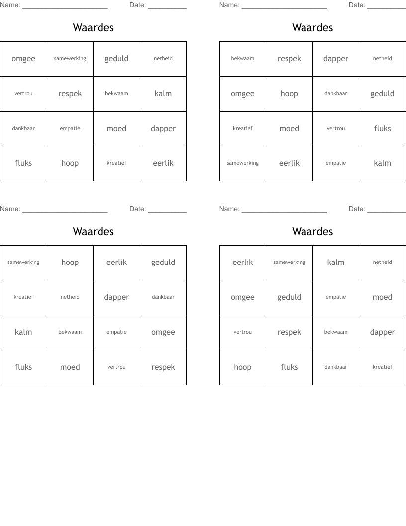 Waardes Bingo Cards