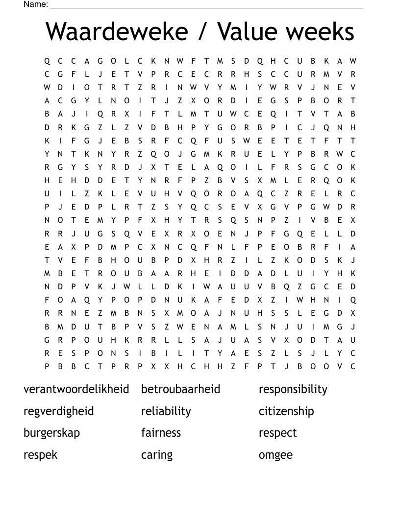 Waardeweke / Value weeks Word Search
