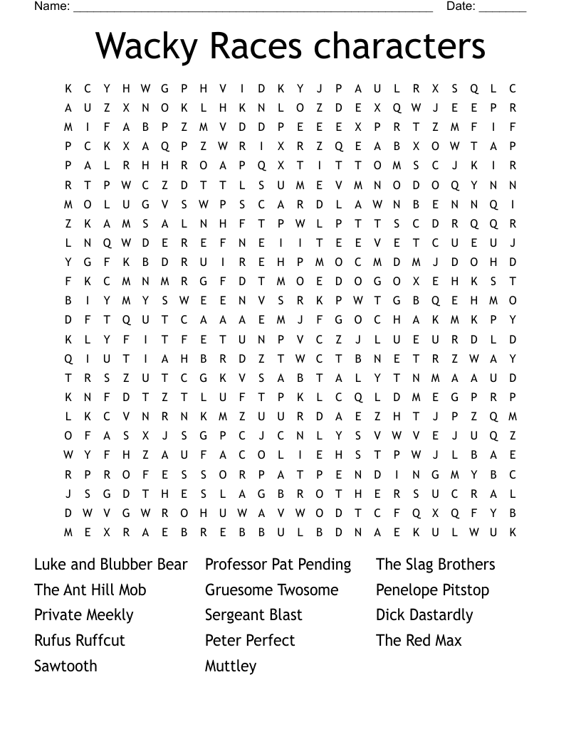 Wacky Races characters Word Search