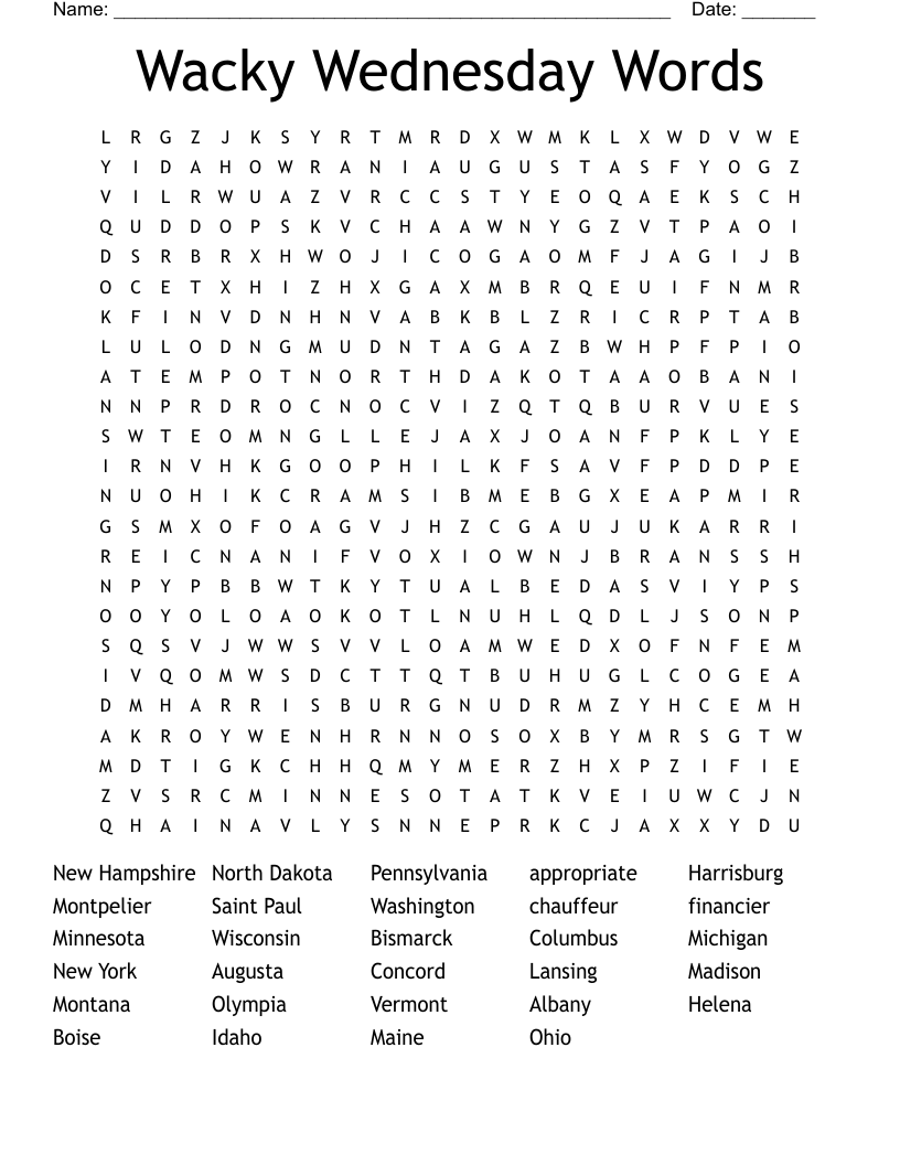 Wacky Wednesday Words Word Search