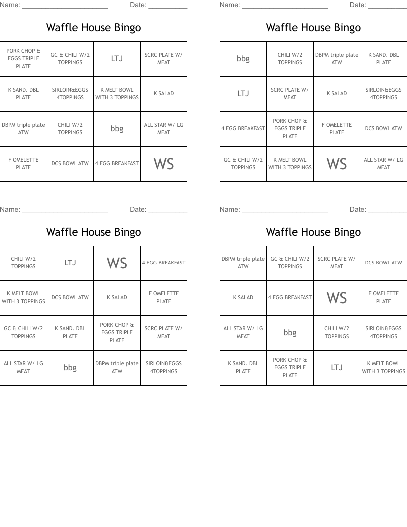 Waffle House Bingo