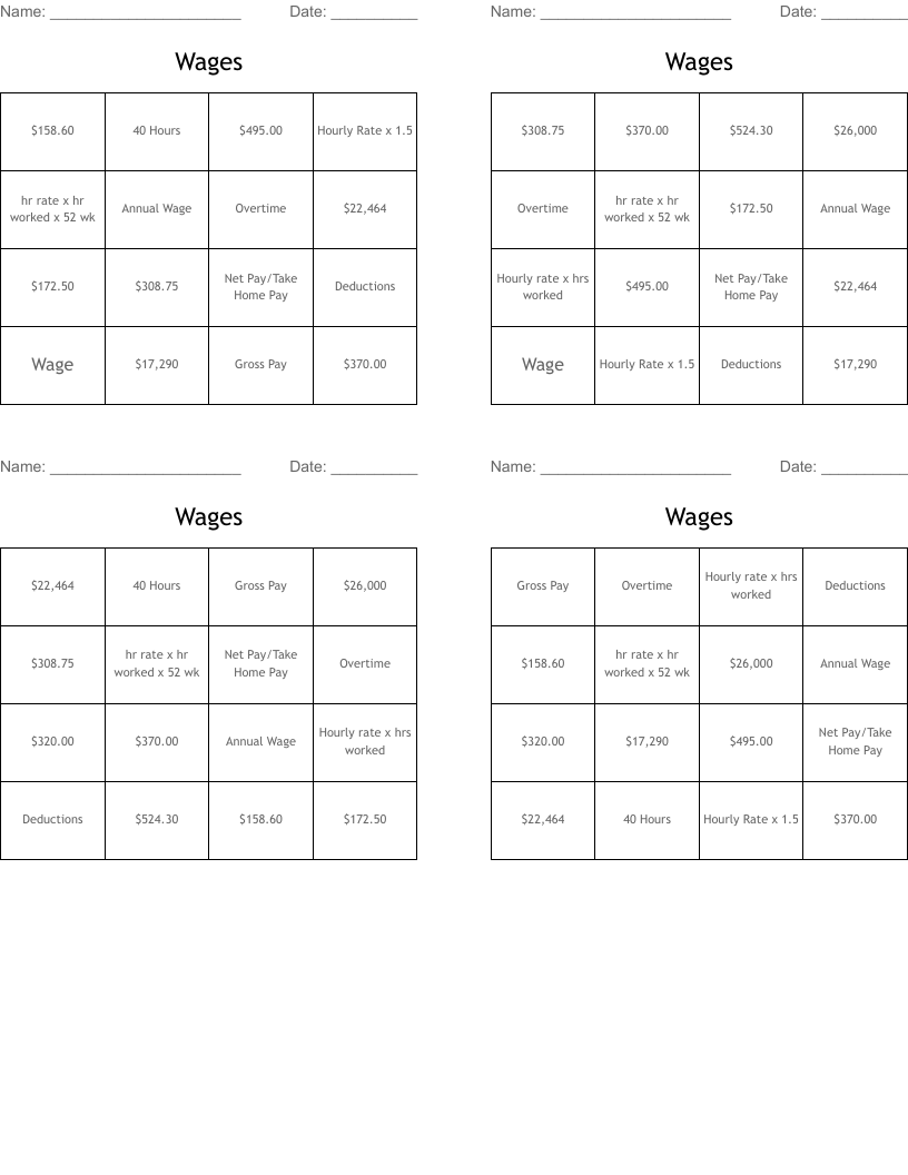 Wages Bingo Cards