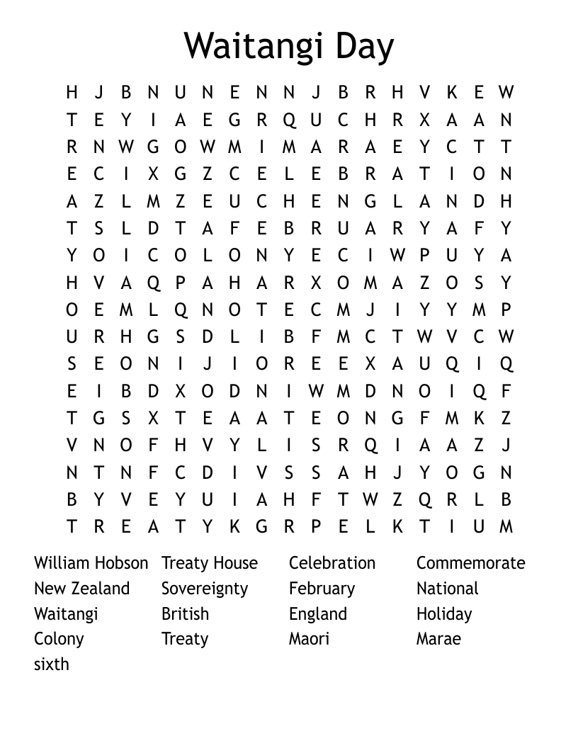 Waitangi Day Word Search