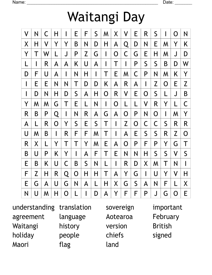 Waitangi Day Word Search