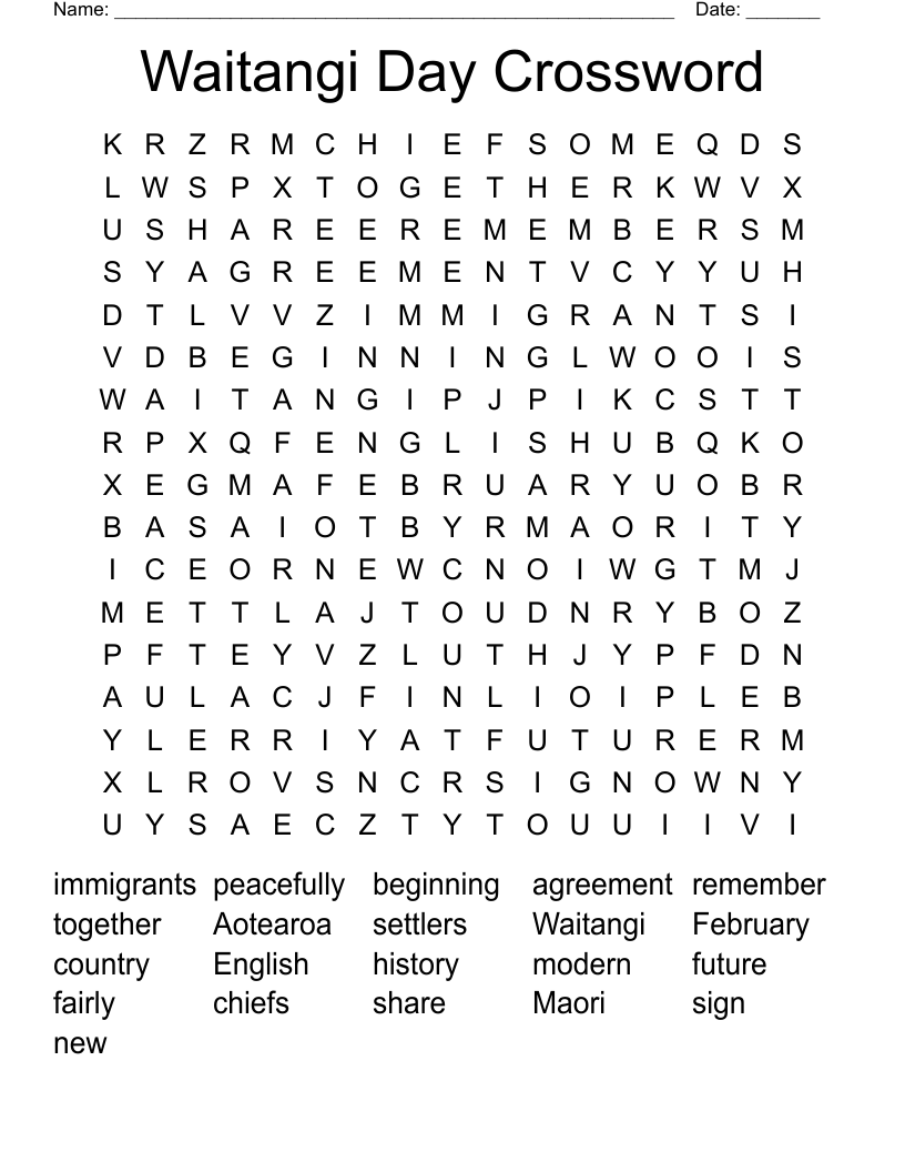 Waitangi Day Crossword Word Search