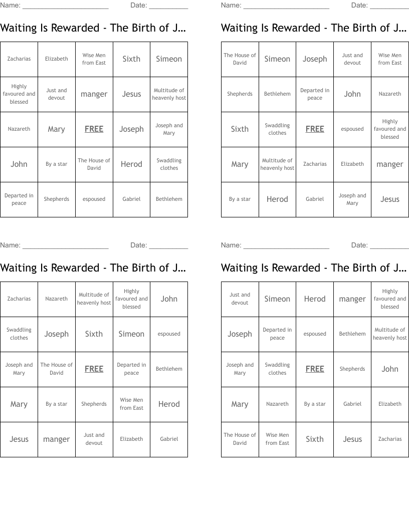 Waiting Is Rewarded - The Birth of Jesus Bingo Cards
