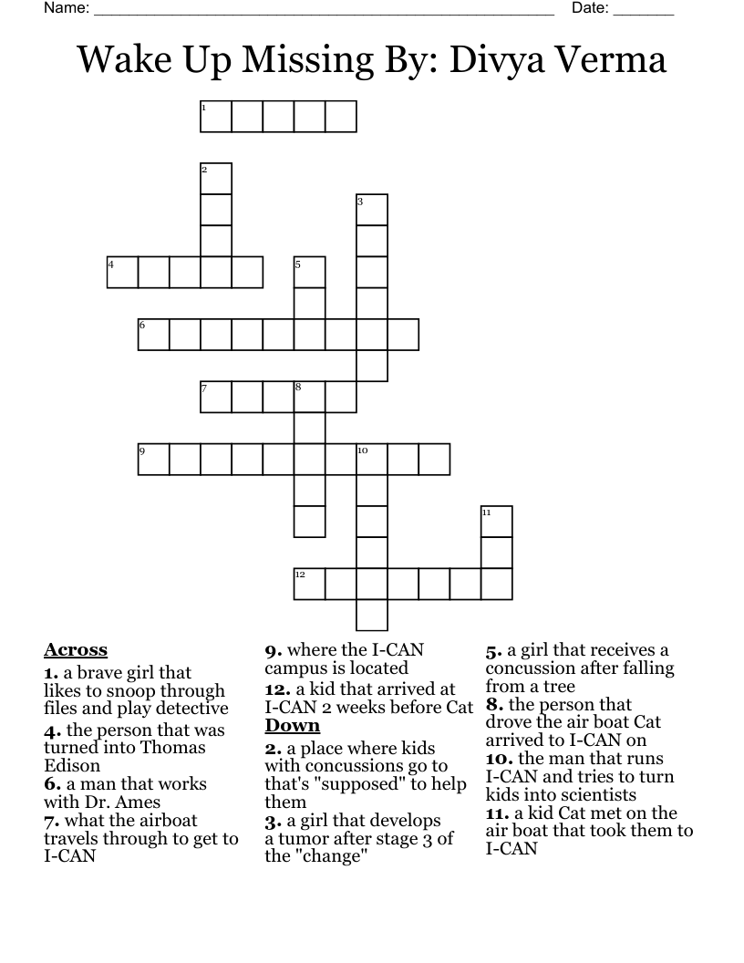 Wake Up Missing By: Divya Verma Crossword