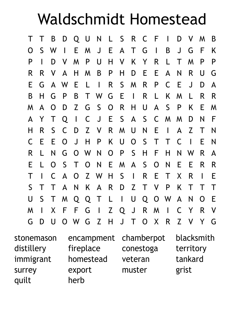 Waldschmidt Homestead Word Search
