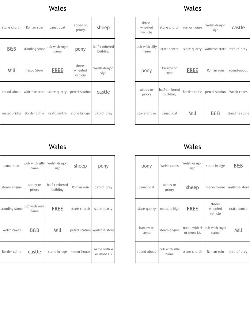 Wales Bingo Cards