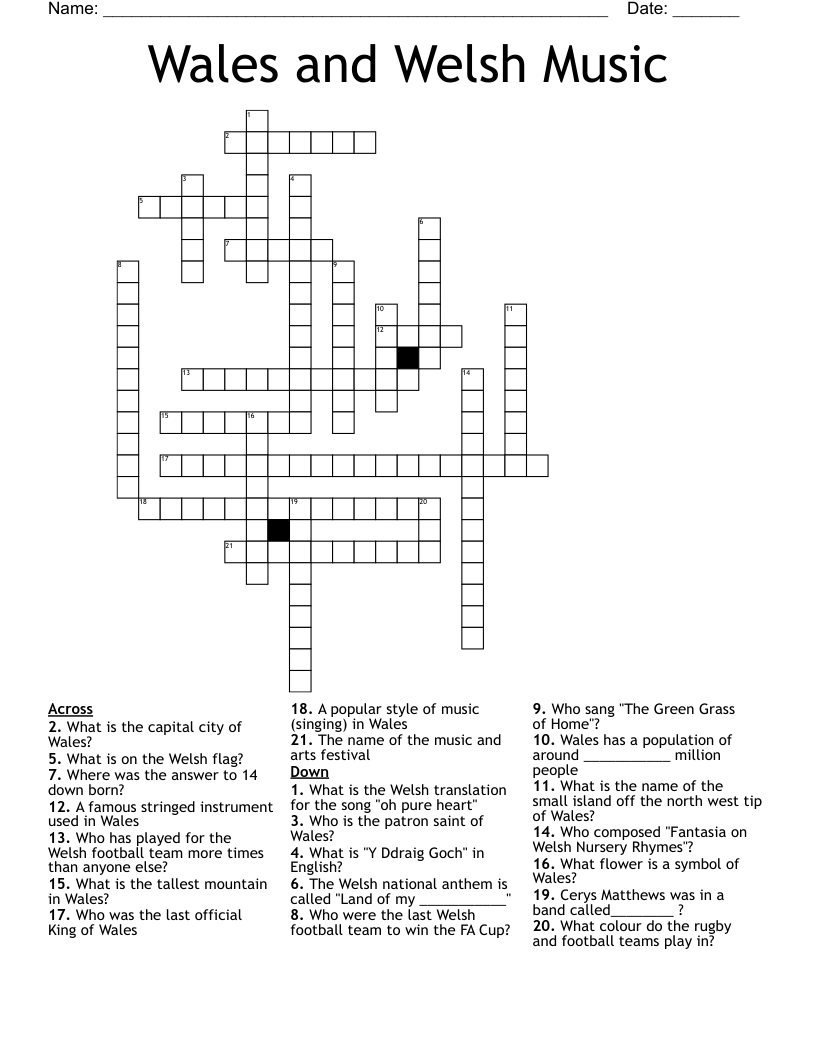 Wales and Welsh Music Crossword