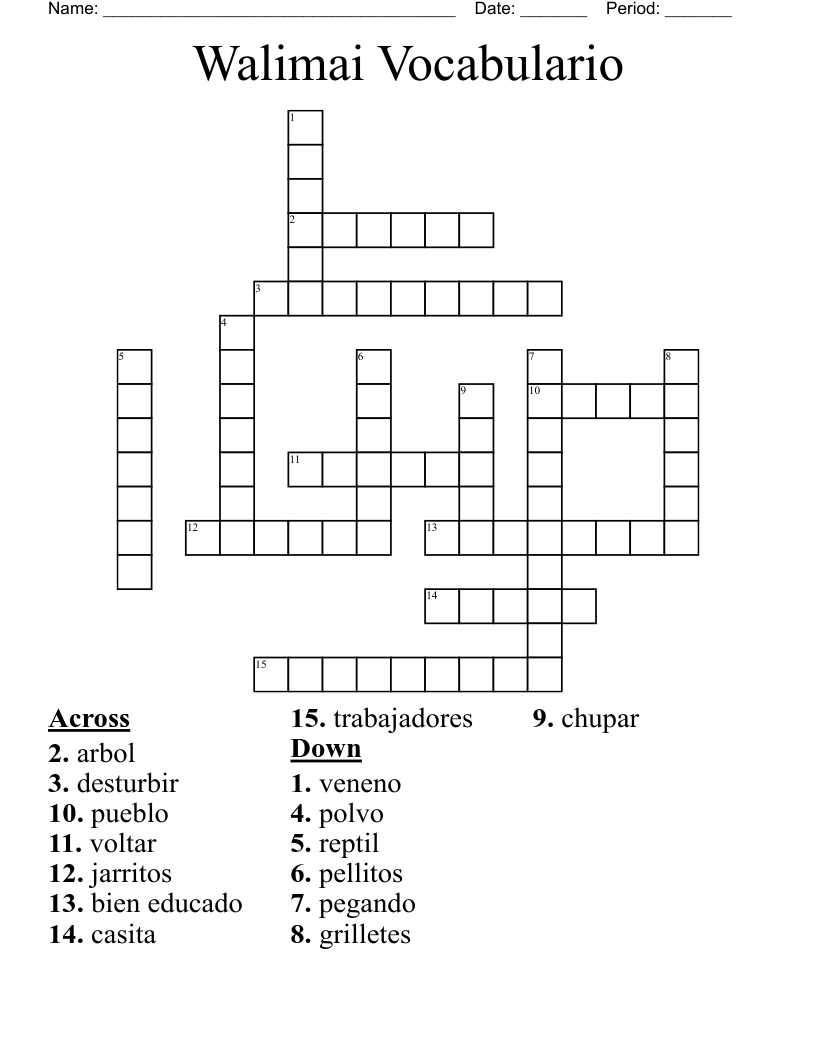 Walimai Vocabulario Crossword