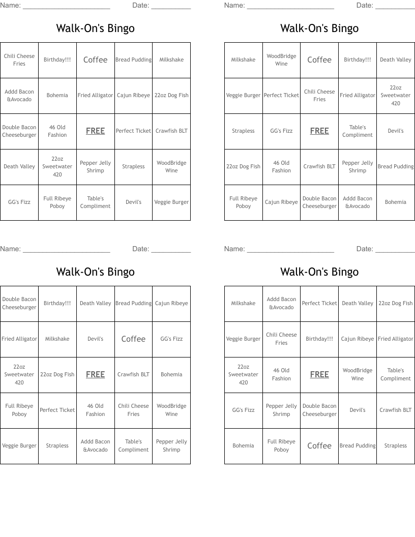 Walk-On's Bingo