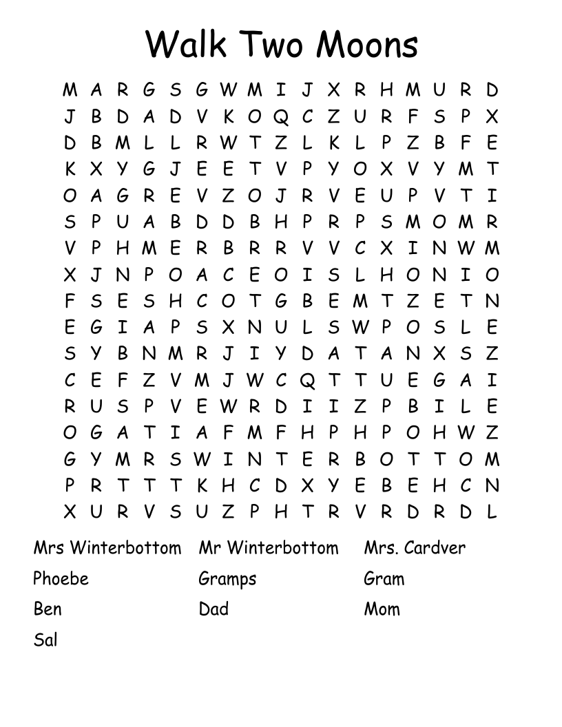 Walk Two Moons Word Search