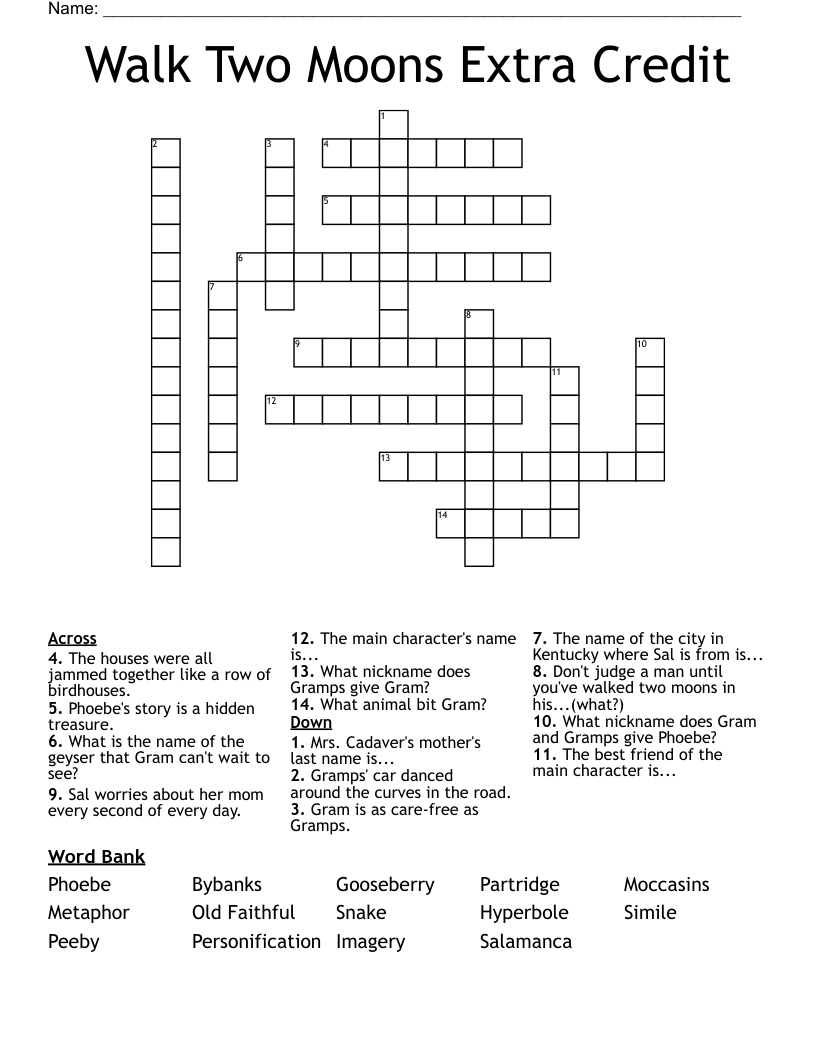 Walk Two Moons Extra Credit Crossword
