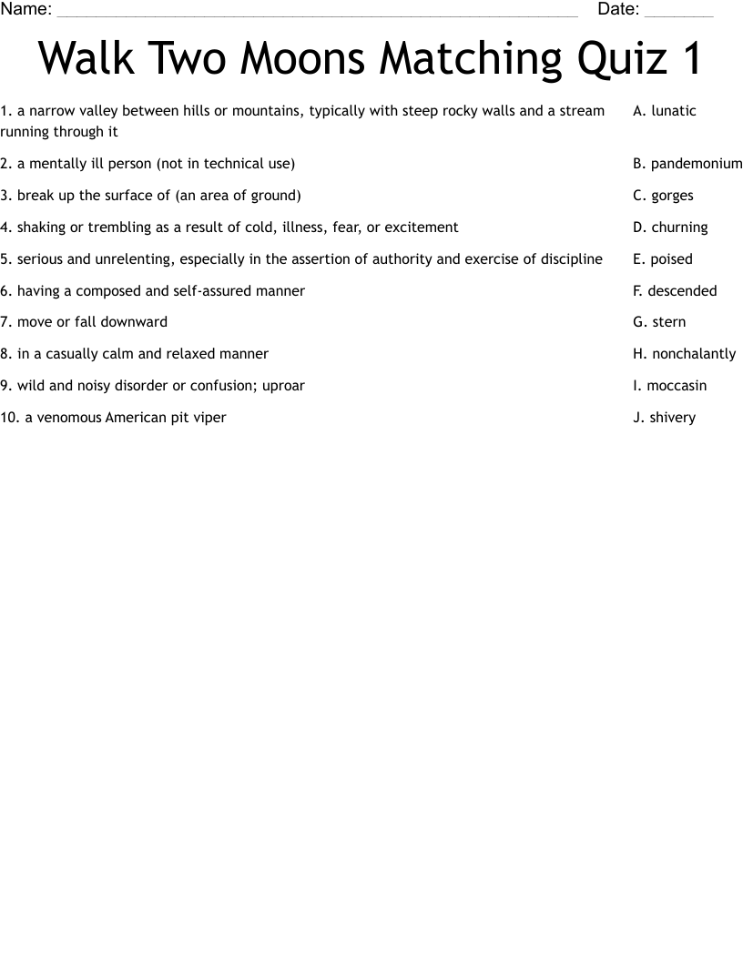 Walk Two Moons Matching Quiz 1 Worksheet
