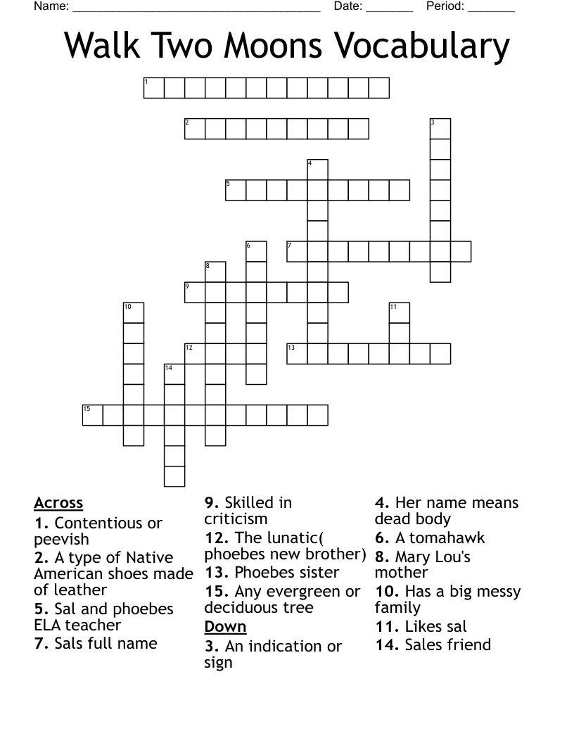 Walk Two Moons Vocabulary Crossword