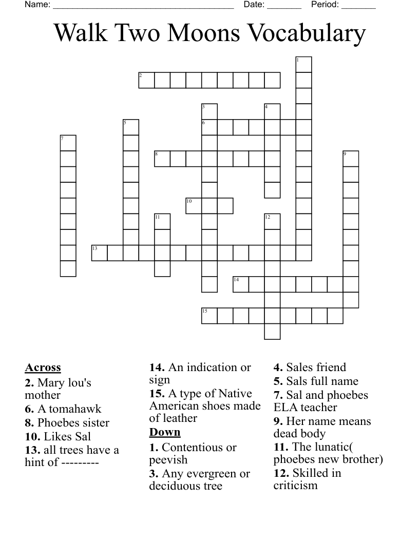 Walk Two Moons Vocabulary  Crossword