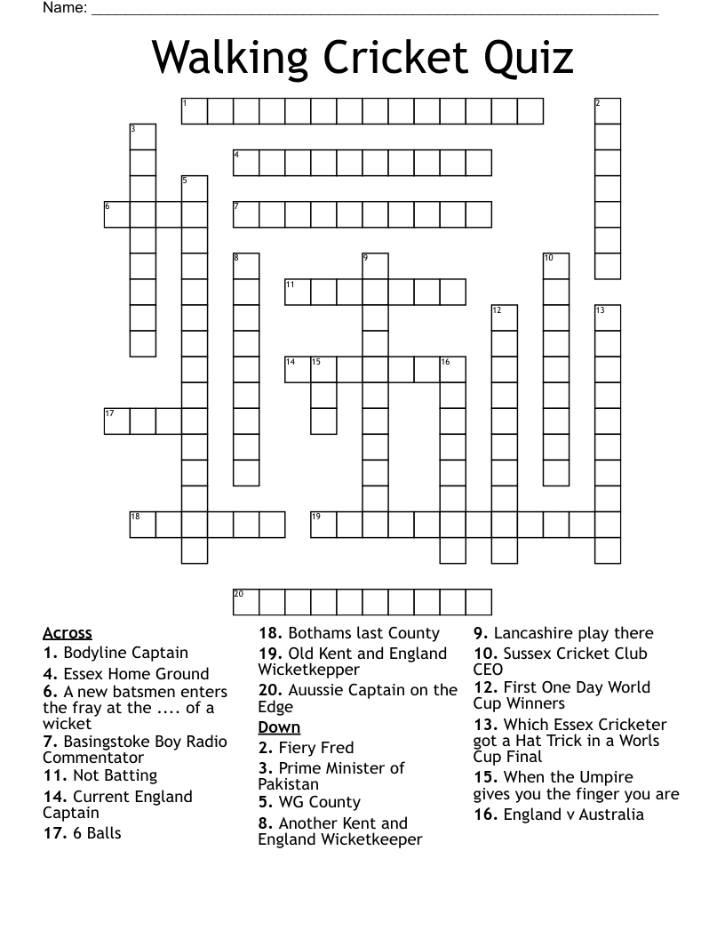 Walking Cricket Quiz Crossword