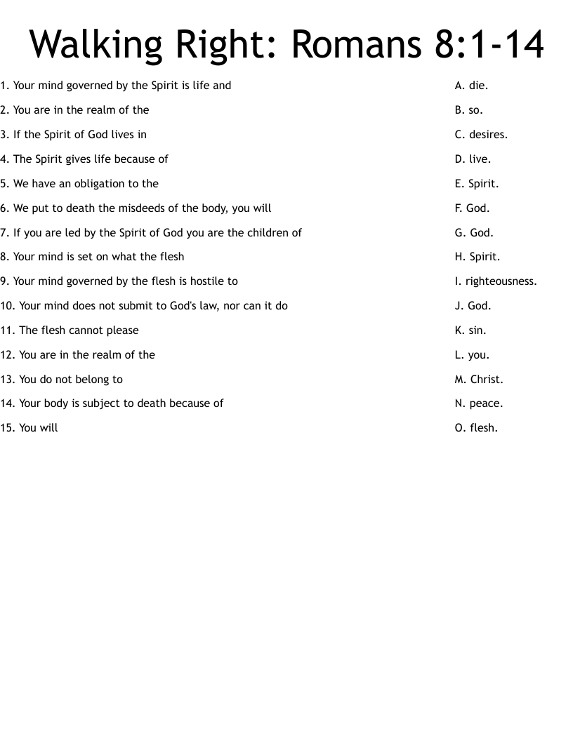 Walking Right: Romans 8:1-14 Worksheet