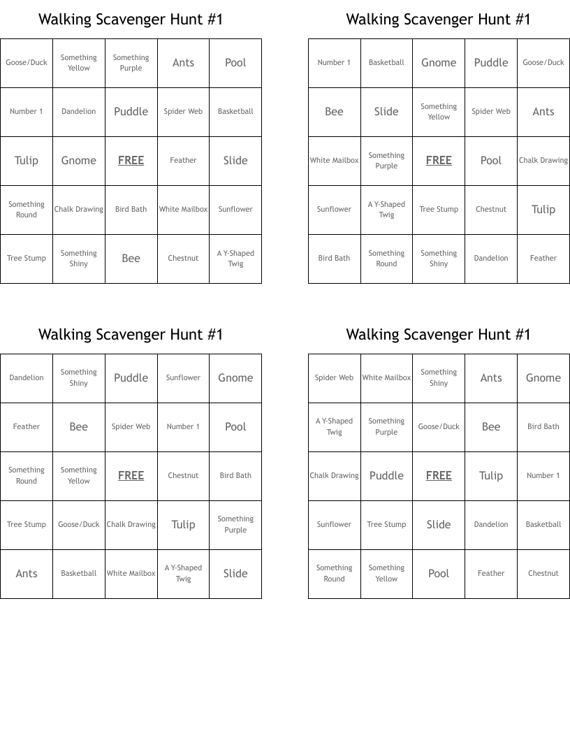 Walking Scavenger Hunt #1 Bingo Cards