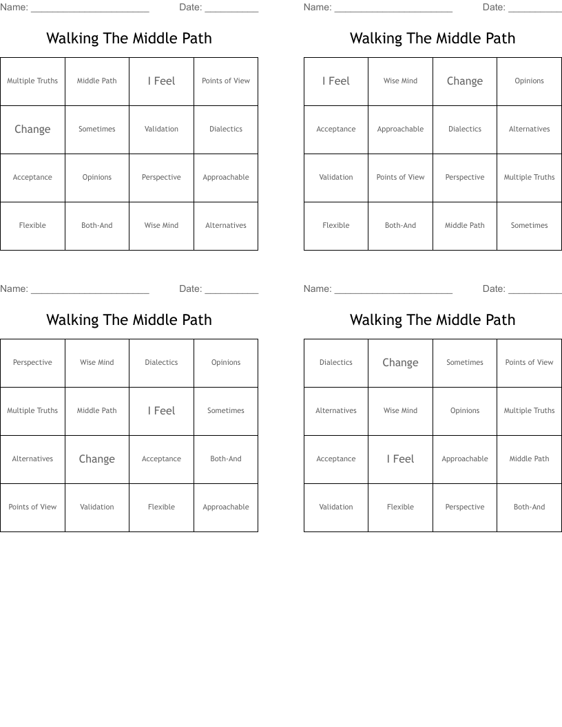 Walking The Middle Path Bingo Cards