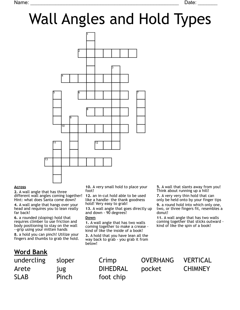 Wall Angles and Hold Types Crossword