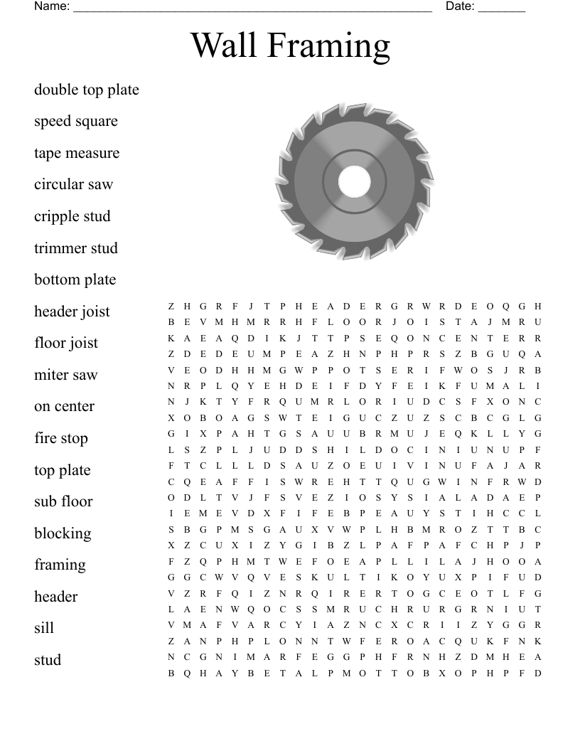 Wall Framing Word Search