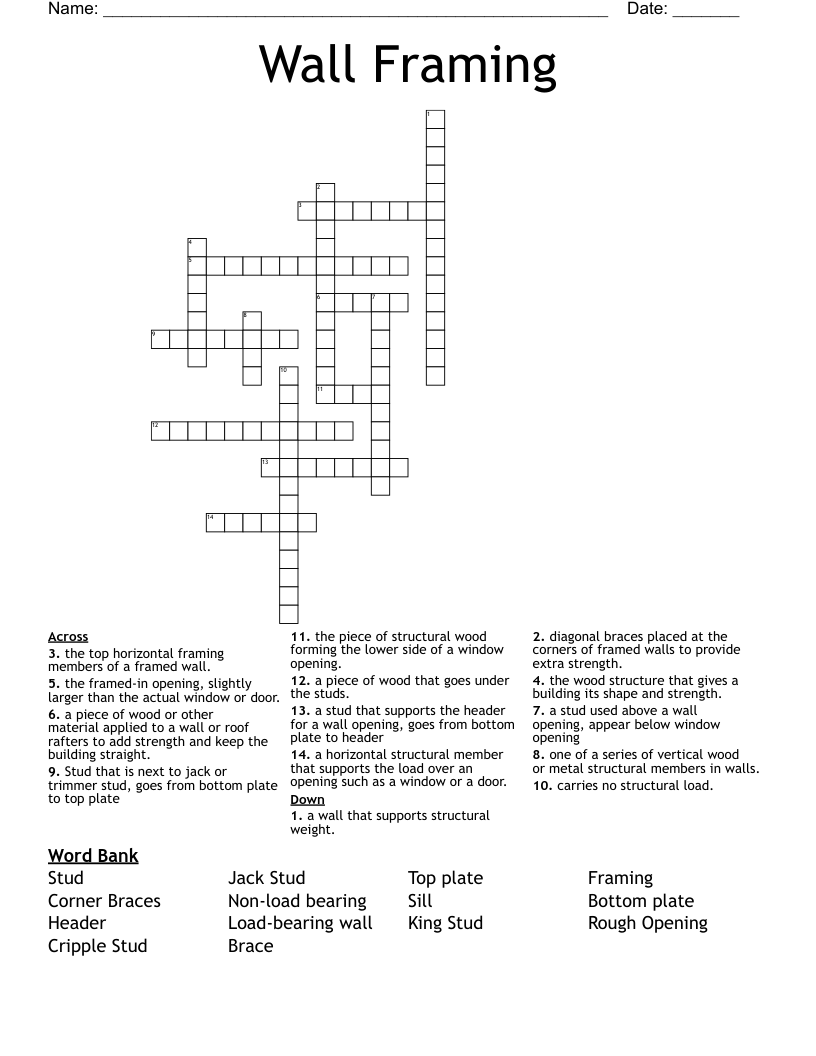 Wall Framing Crossword